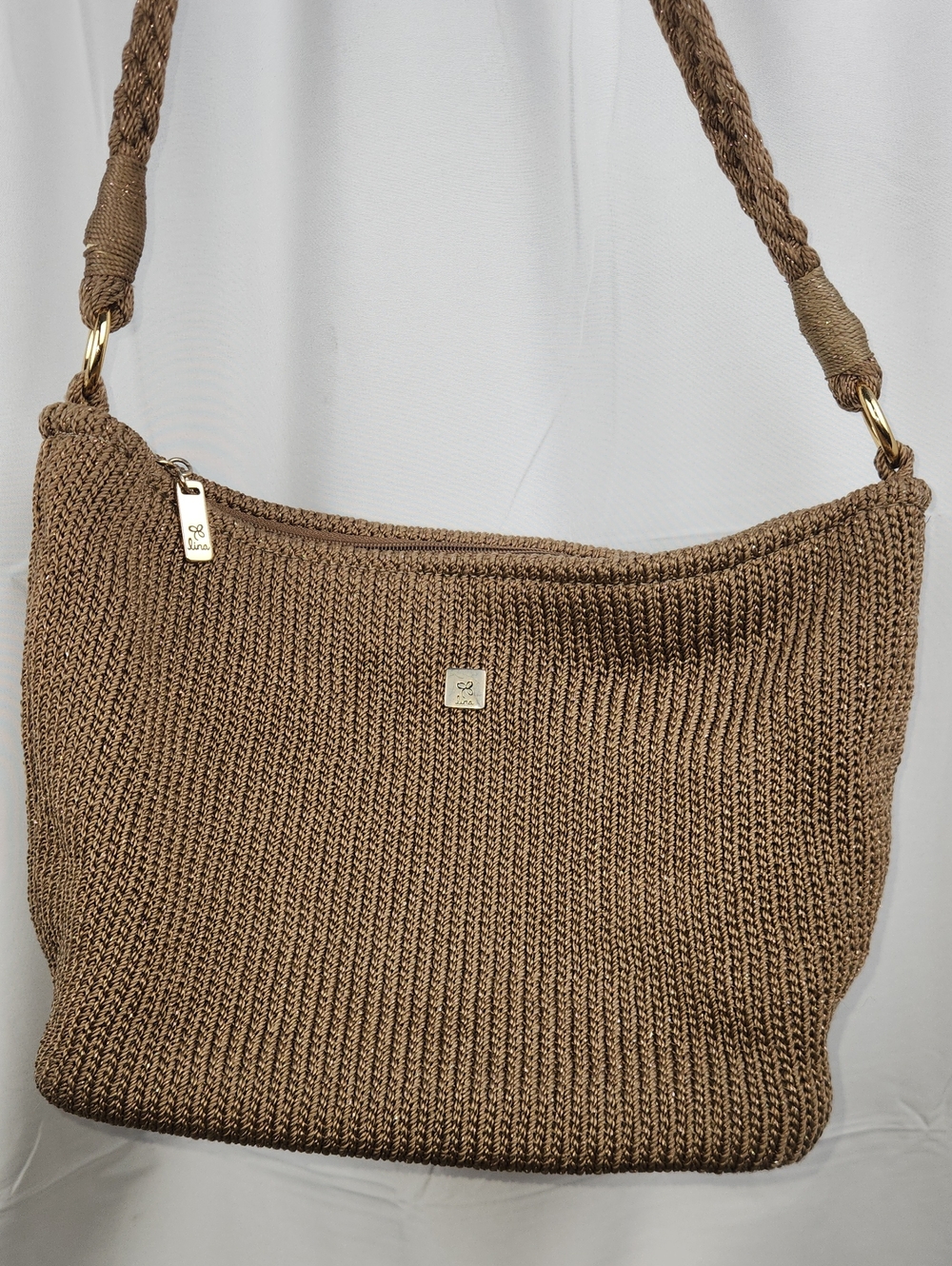 Lina Crochet Braided Boho Shoulder Bag - Cappuchino/Gold Thread